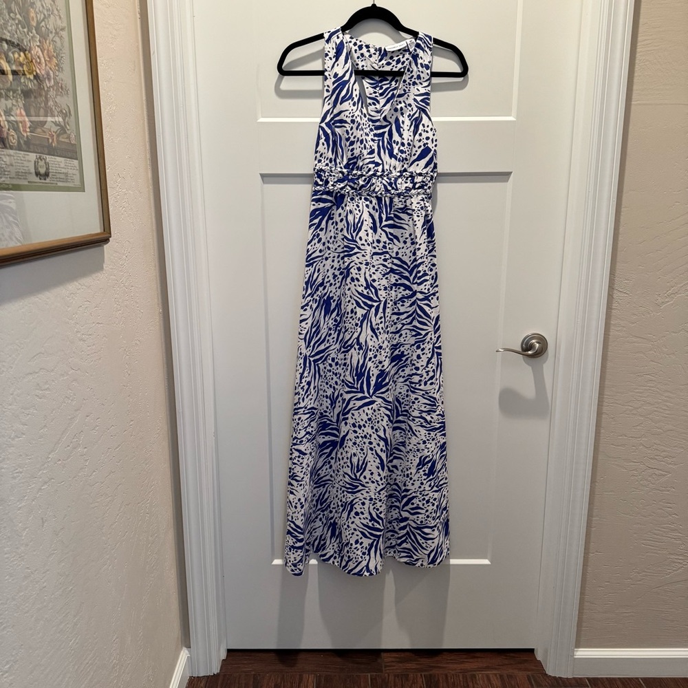 Sincerely Jules Blue White Halter T-Back Maxi Dress Linen Blend Size XS